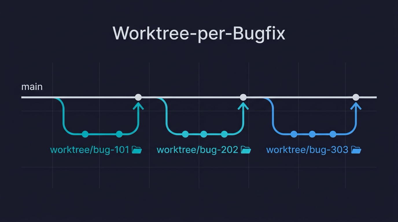 Worktree-per-Bugfix Workflow illustration