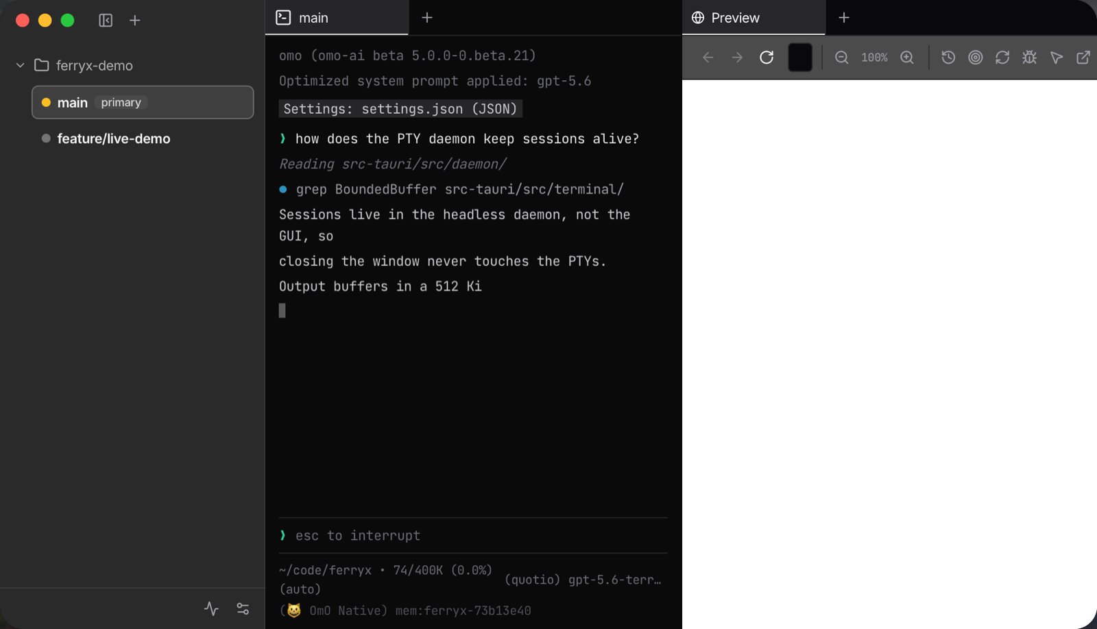 Ferryx after first run: the sidebar lists a project with its main checkout and a worktree, a terminal tab runs an agent, and a browser tab sits beside it